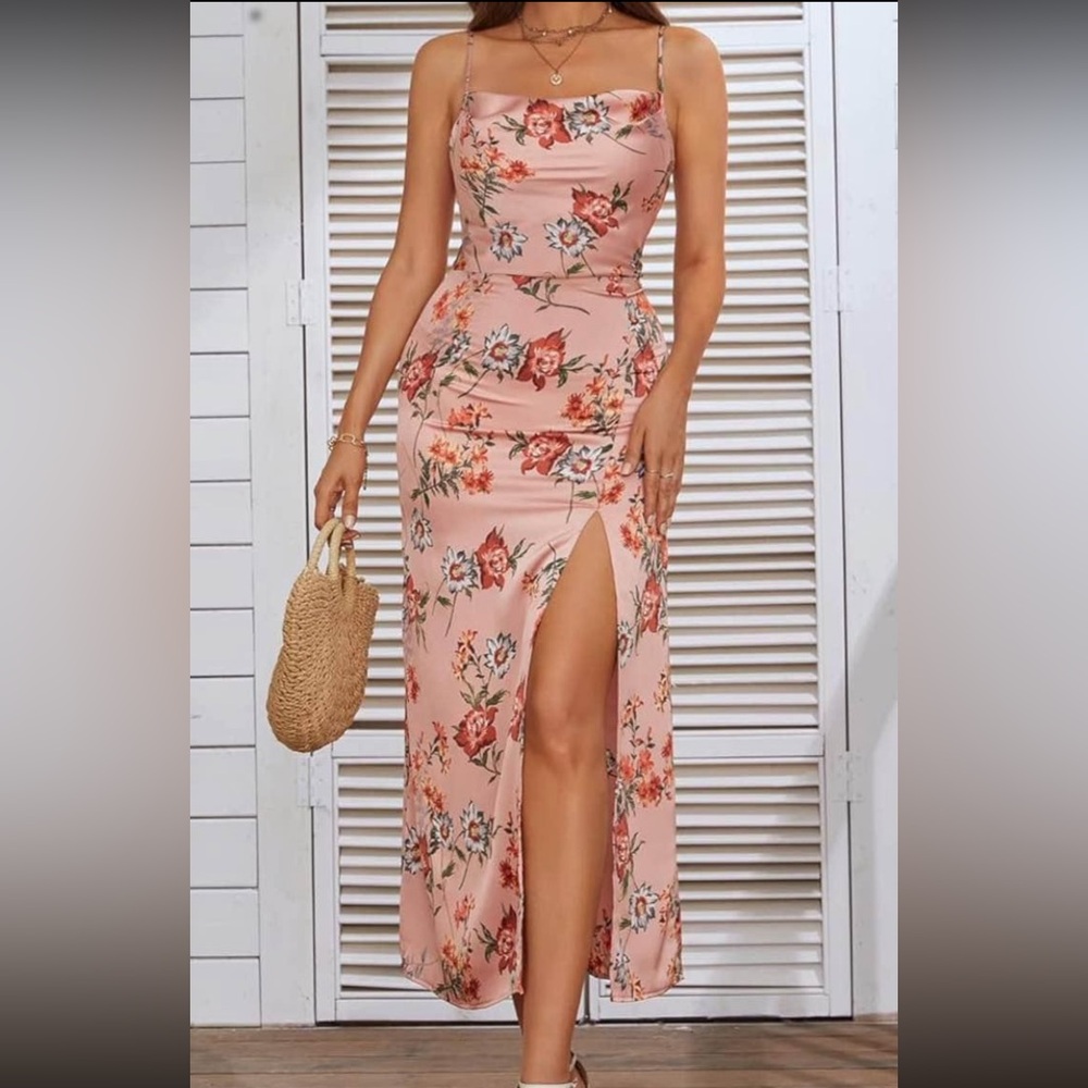 Floral Cowl Neck Dress with Slit